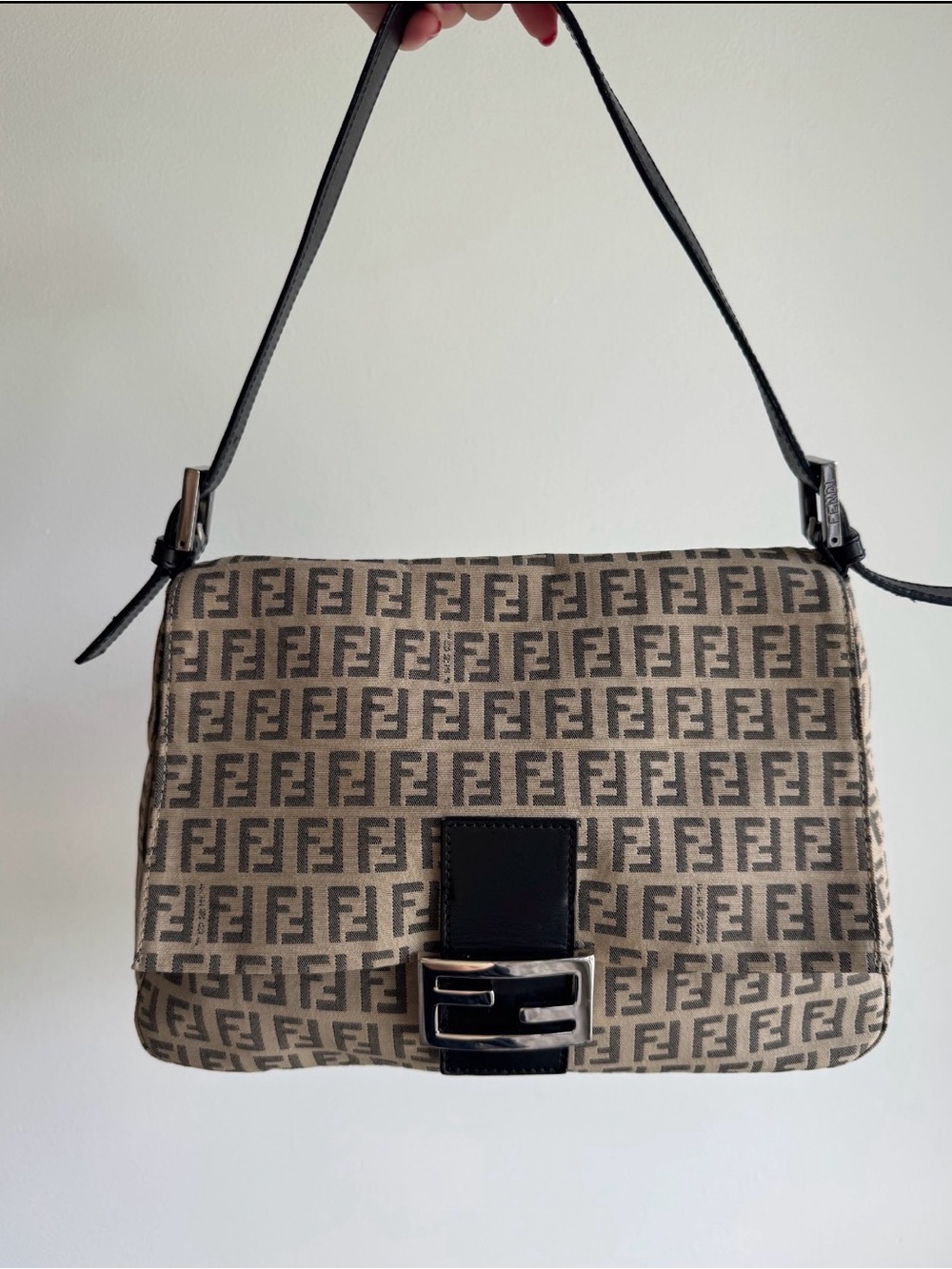 Fendi Brown & Black Zucca Shoulder Bag with FF Buckle